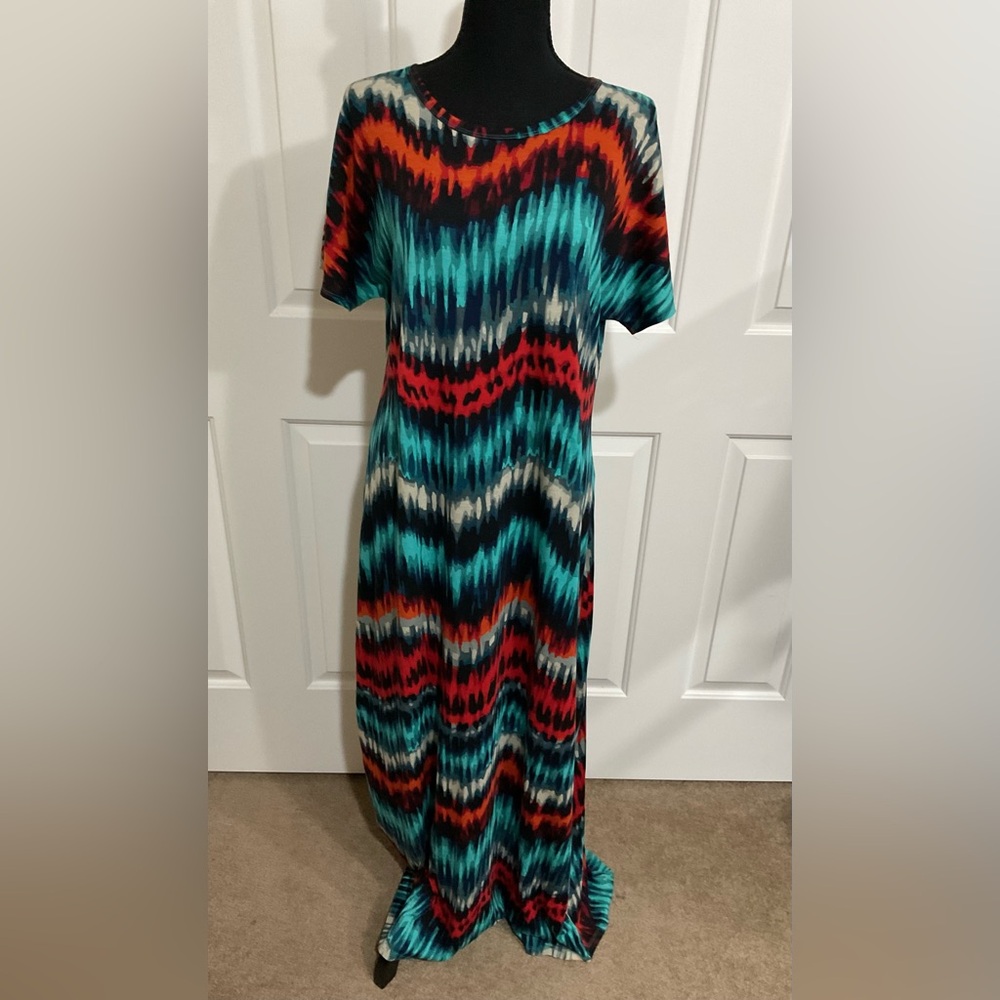 LuLaRoe L Maria Teal Multicolor Wave-Print Maxi Dress